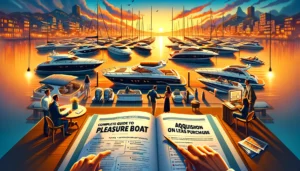 Guide complet sur l'achat en location-vente d'un bateau de plaisance, avec une scène de marina au coucher du soleil.